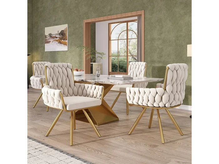 Silla giratoria de terciopelo beige con reposabrazos y patas de metal para sala de estar y dormitorio, juego de 4