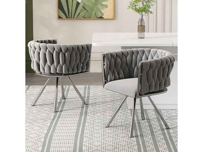 Silla giratoria de terciopelo gris con patas de metal para sala de estar, dormitorio, oficina, diseño moderno, juego de 2