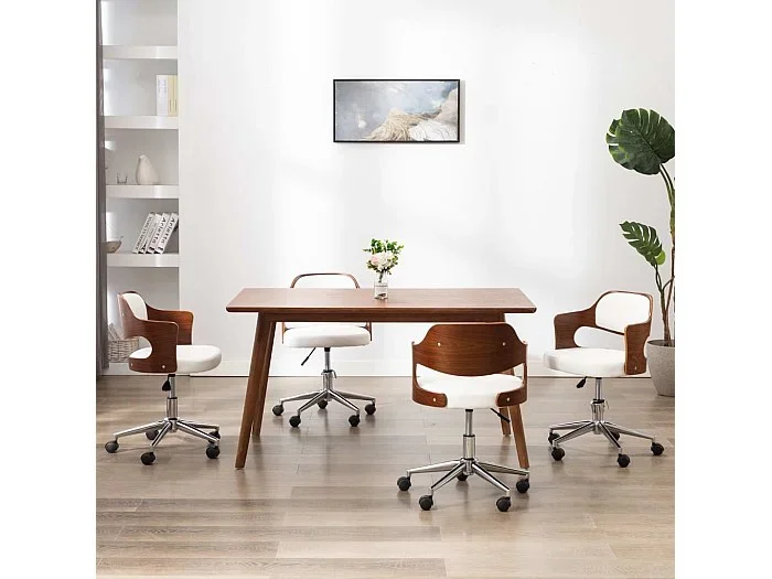 Sillas de comedor giratorias 4 unidades madera curvada cuero blanco
