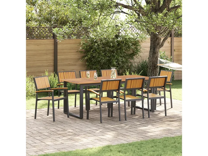 Sillas de jardín apilables de 8 piezas en acero negro y madera maciza de acacia