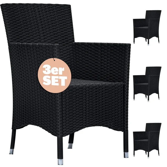 Sillas de jardín set de 3 poliratán negro apilables