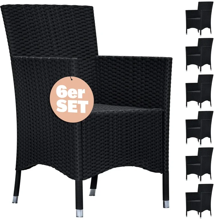 Sillas de jardín set de 6 poliratán negro apilables