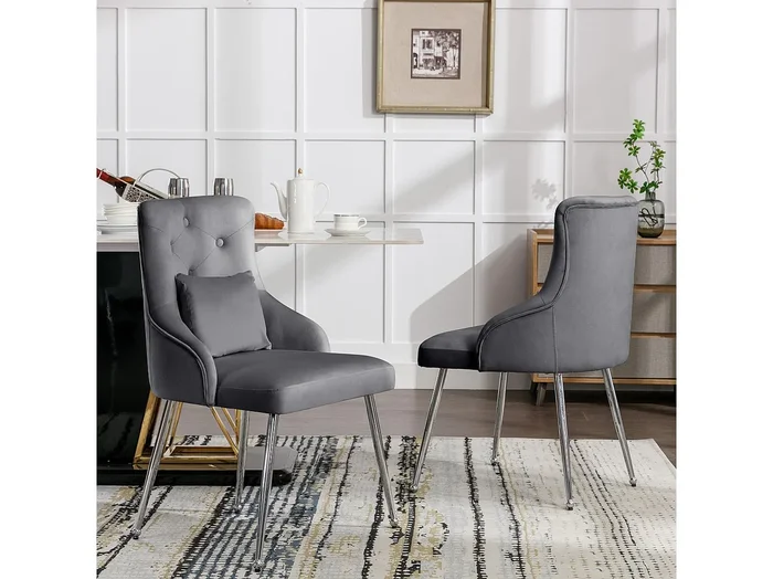 Sillón de comedor de terciopelo gris con cojín lumbar, diseño moderno, patas de metal resistente, juego de 6