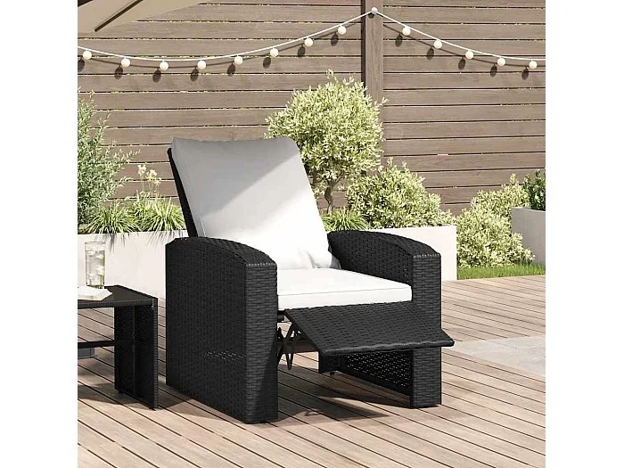 Sillón reclinable de jardín con cojines ratán sintético negro