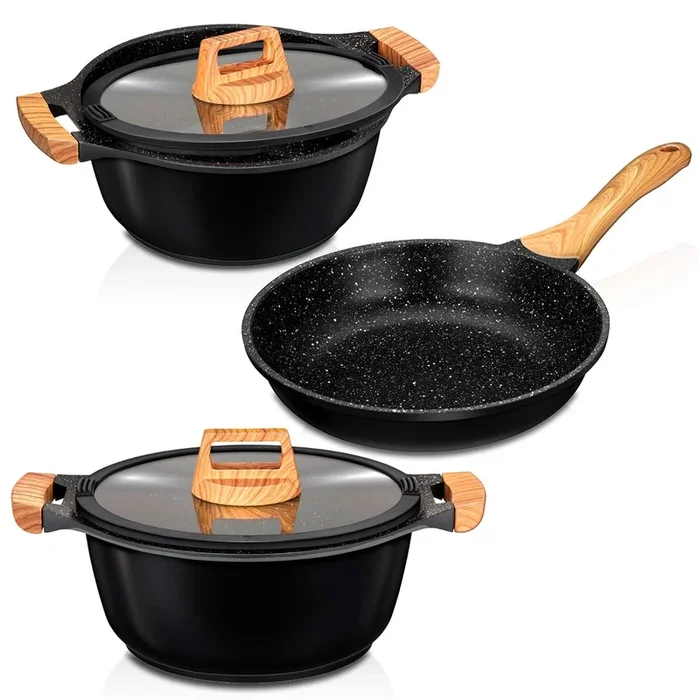 Smile Wood Batería Cocina Inducción 3 Piezas Aluminio Fundido Antiadherente ILAG sin PFOA Set Cazuelas Sartén, , Negro