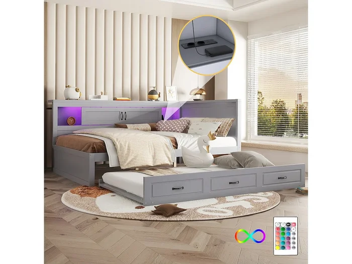 Sofá cama 140×200 cm MDF gris con LED integrado, cama nido, cajones y puertos USB
