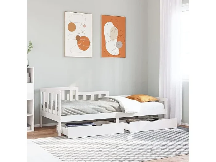 Sofá cama con cajones madera maciza de pino blanca 90×190 cm