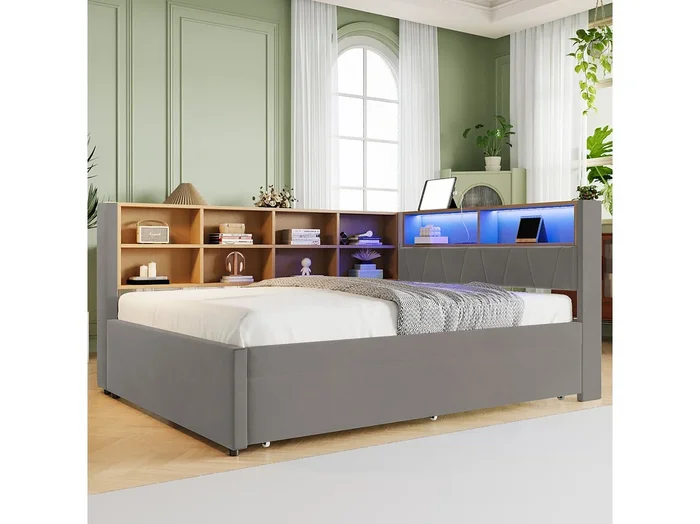Sofá cama de 140×200 cm con cama nido de 90×190 cm, iluminación LED, enchufes eléctricos, mucho espacio de almacenamiento, tela de franela gris oscuro