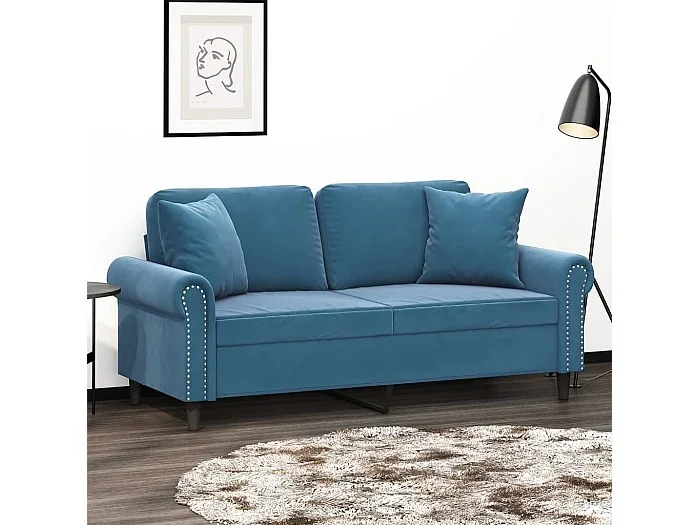 Sofá de 2 plazas con cojines terciopelo azul 140 cm