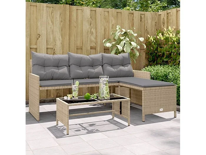 Sofá de jardín en forma de L con mesa y cojines ratán PE beige ES733805