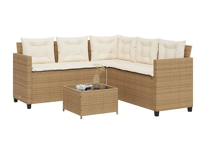 Sofá de jardín en forma de L con mesa y cojines ratán PE beige