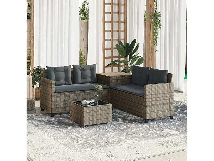 Sofá de jardín en forma de L con mesa y cojines ratán PE gris ES597217