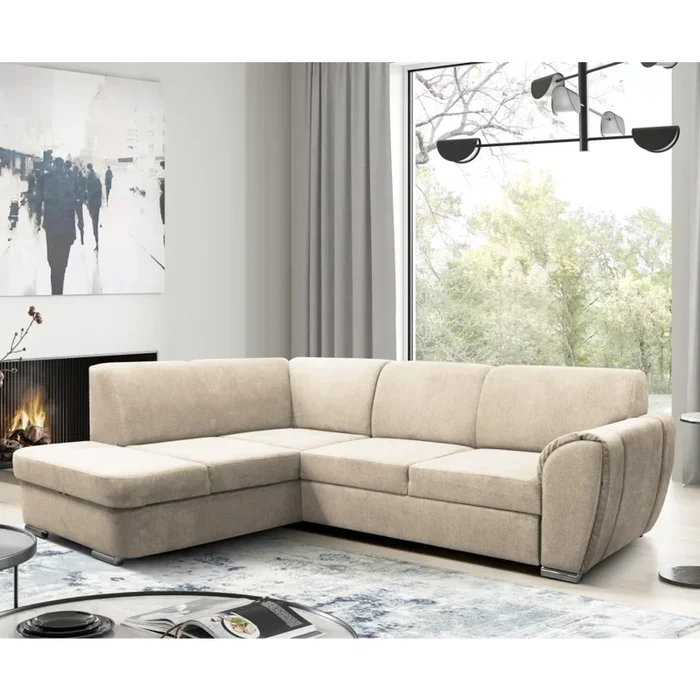 Sofá esquinero cama convertible en L con arcón de almacenamiento SERPA, izquierdo, beige