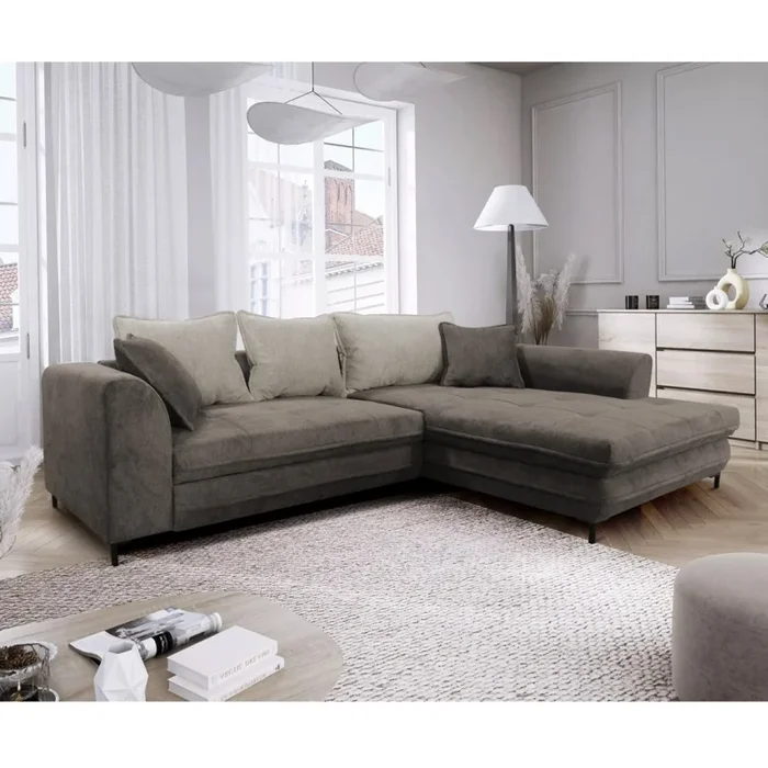 Sofá esquinero convertible en cama en L con arcón de almacenamiento LAGOA, orientación derecha, taupe/gris