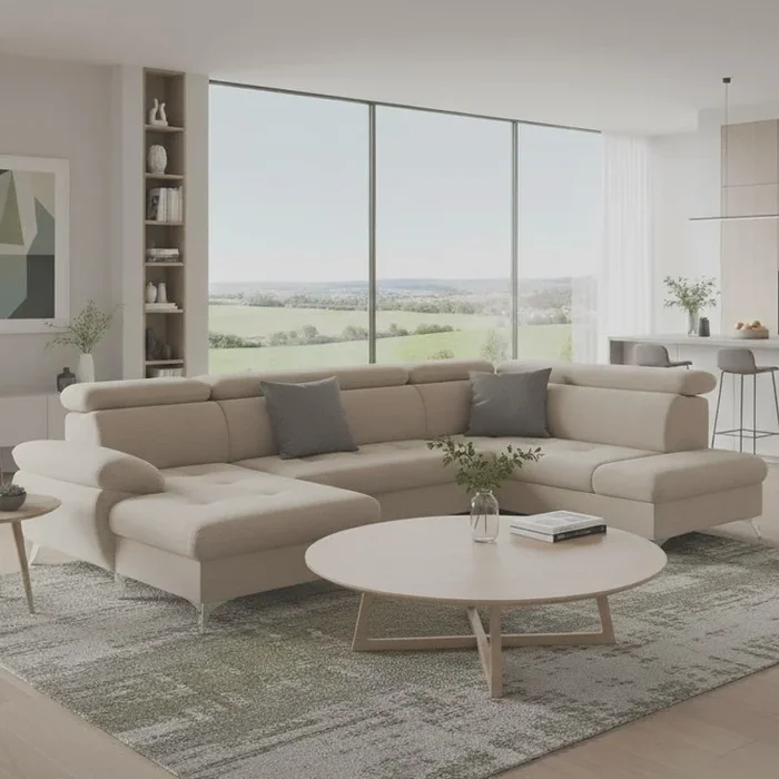 Sofá esquinero extensible en forma de U CATANIA con almacenamiento, lado derecho, color beige