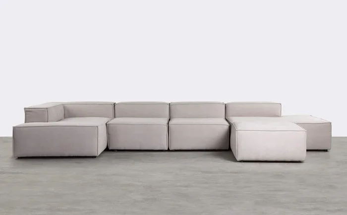 Sofá Modular 5 Piezas con Chaise Longue, Diván y Puff de Tela Jordan XL Beige – The Masie