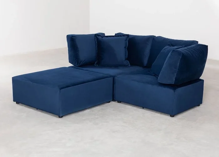 Sofá Modular de 2 Piezas con 2 Sillones Esquineros y Puff en Terciopelo Kata Azul Marino – SKLUM