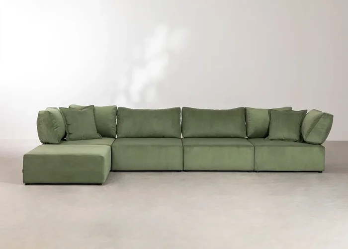 Sofá Modular de 4 Piezas con 2 Sillones Esquineros y Puff en Pana Kata Verde Army – SKLUM
