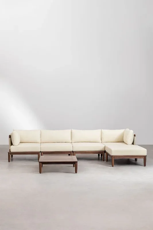 Sofá Modular de Jardín de 4 Piezas con 2 Sillones Esquineros, Mesa de Centro y Puff en Madera de Acacia Giulia Beige Crema – SKLUM