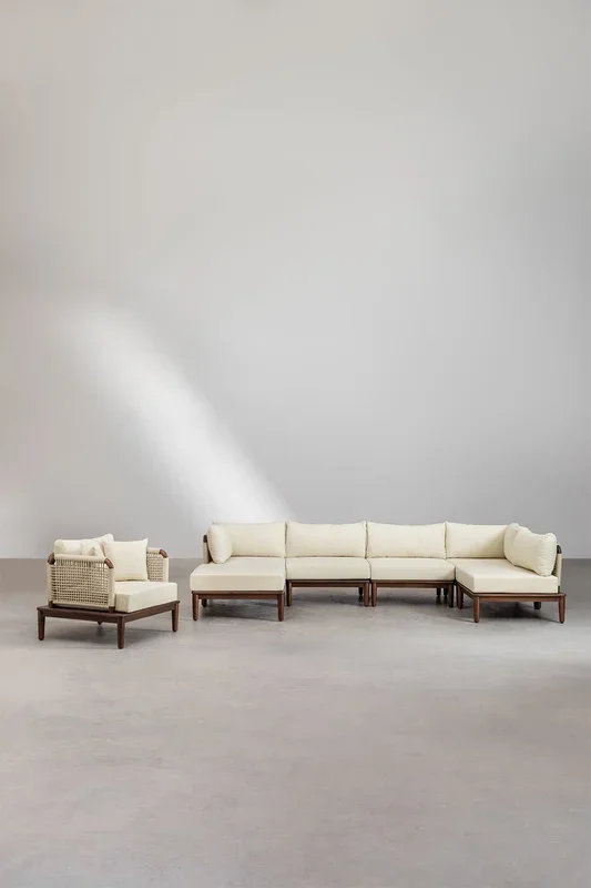 Sofá Modular de Jardín Rinconera de 5 Piezas con Puff y Sillón en Madera de Acacia Giulia Beige Crema – SKLUM