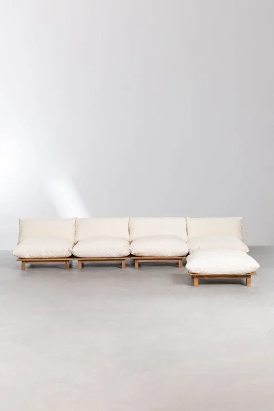 Sofá Modular Reclinable de 4 Piezas con Puff en Madera de Acacia Brina Beige Crema – SKLUM