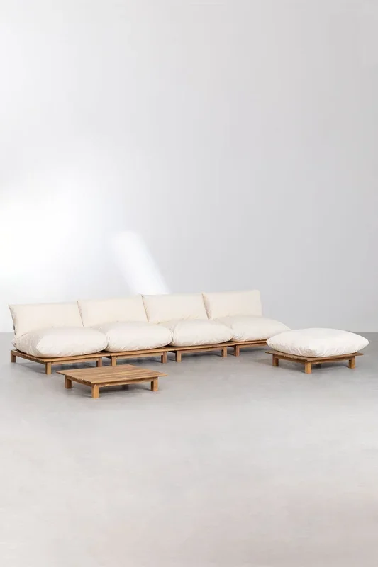 Sofá Modular Reclinable de Jardín de 4 Piezas con Mesa de Centro y Puff en Madera de Acacia Brina Beige Crema – SKLUM