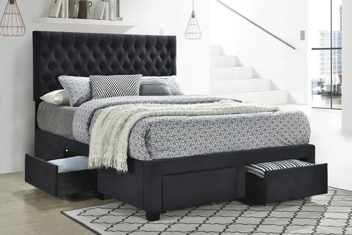 Soledad Charcoal Eastern King 4-Drawer Button Tufted Storage Bed