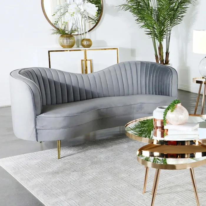 Sophia Gray/Gold Upholstered Loveseat with Camel Back