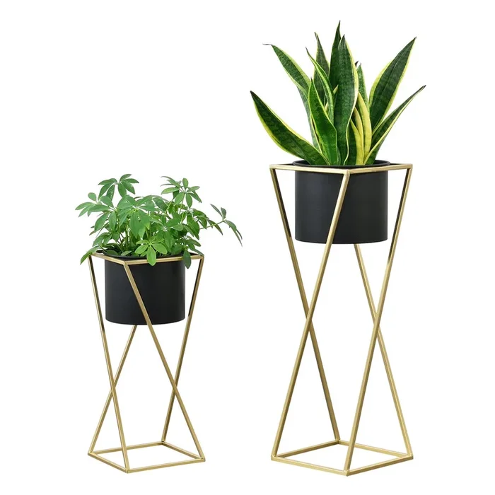 Soporte para plantas de metal – Set de 2 piezas – 50 x 21 x 21 cm y 70 x 24 x 24 cm – Estantería para macetas – Bastidor para macetas – Color Dorado y Negro [en.casa]