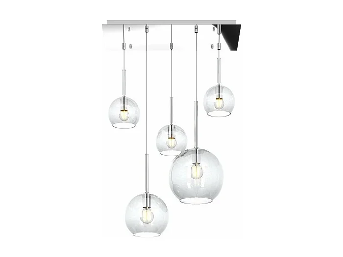 Sosp. Cromo Rettangolare 5 Luci Vetri (1 Grande+1 Medio+3 Piccolo) Tutti Trasparente