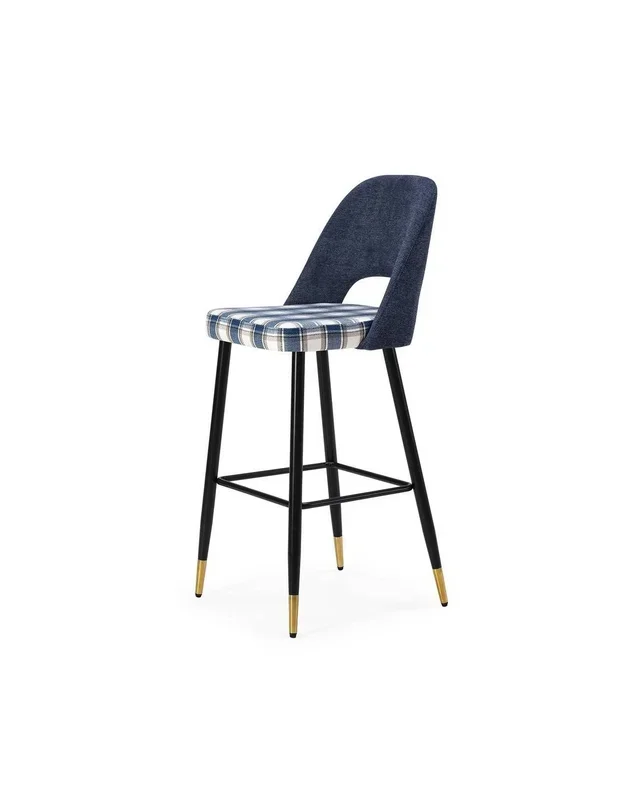 Taburete en tejido de cuadros combinado MOCCIA, patas metálicas en negro y dorado.