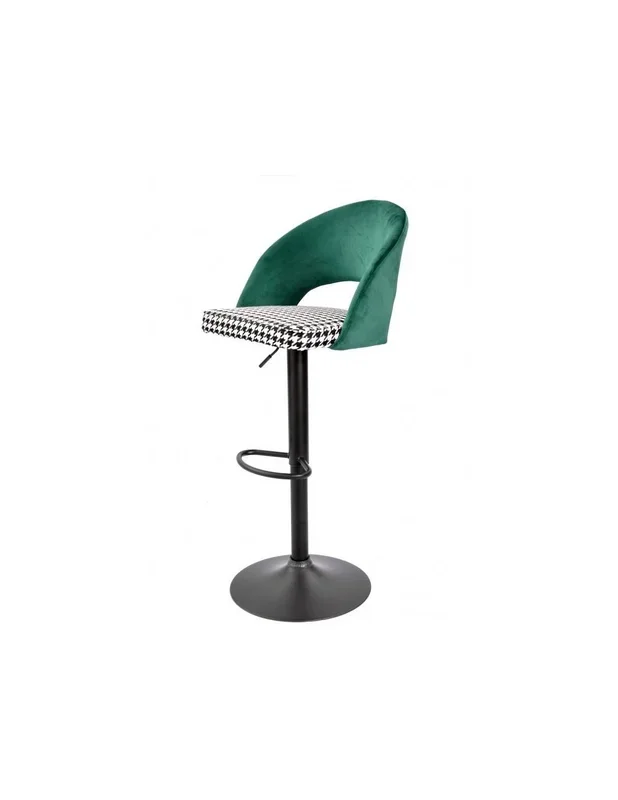 Taburete GALO, regulable, metal negro, tapizado verde con pata de gallo