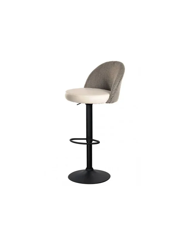 Taburete TENA, regulable altura, base metal negro, tapizado pata de gallo y similpiel blanca