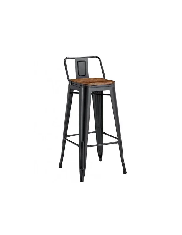Taburete TOLIX con respaldo, acero negro y asiento de madera.