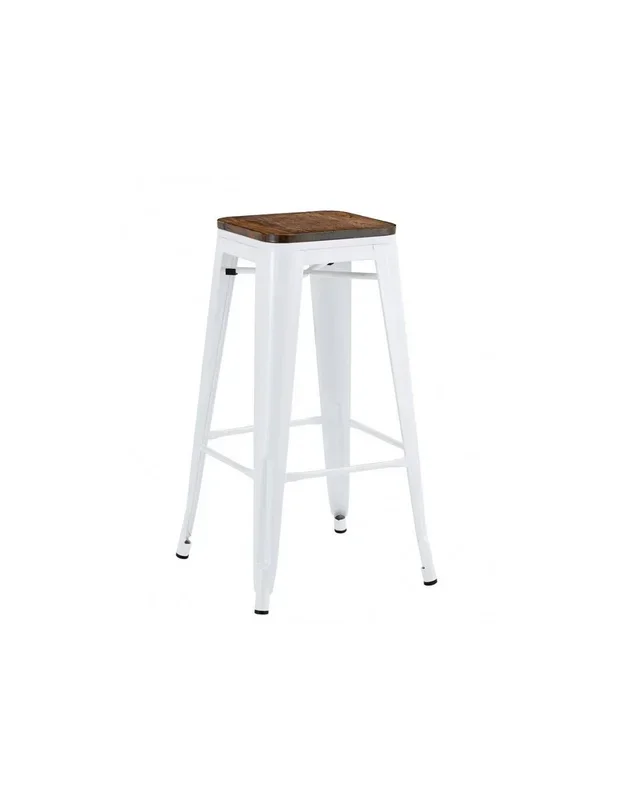 Taburete TOLIX de acero blanco y asiento de madera.