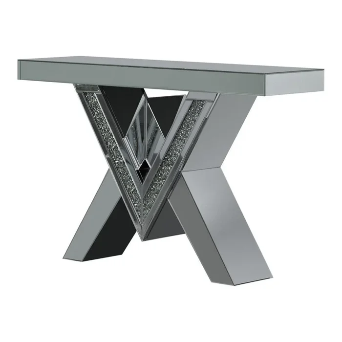 Taffeta Silver V-Shaped Sofa Table with Glass Top