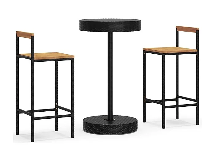 Tammisaari Mesa bar y taburetes jardín 3 pzas madera acacia ratán PE negro