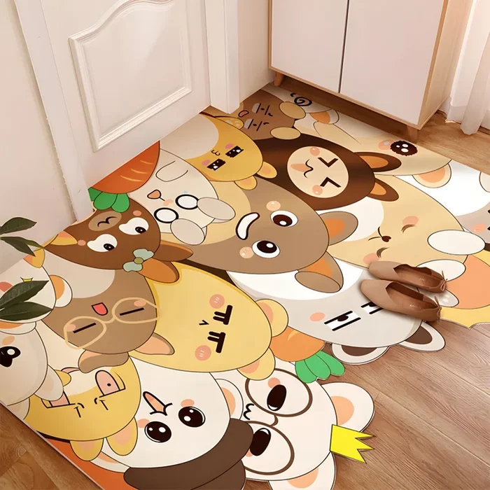 Tapete Infantil de Cuera Multicolor Alfombra Irregular con Patrón de Animales para Entrada, Mascota Amigable – Amarillo 120 x 240 cm