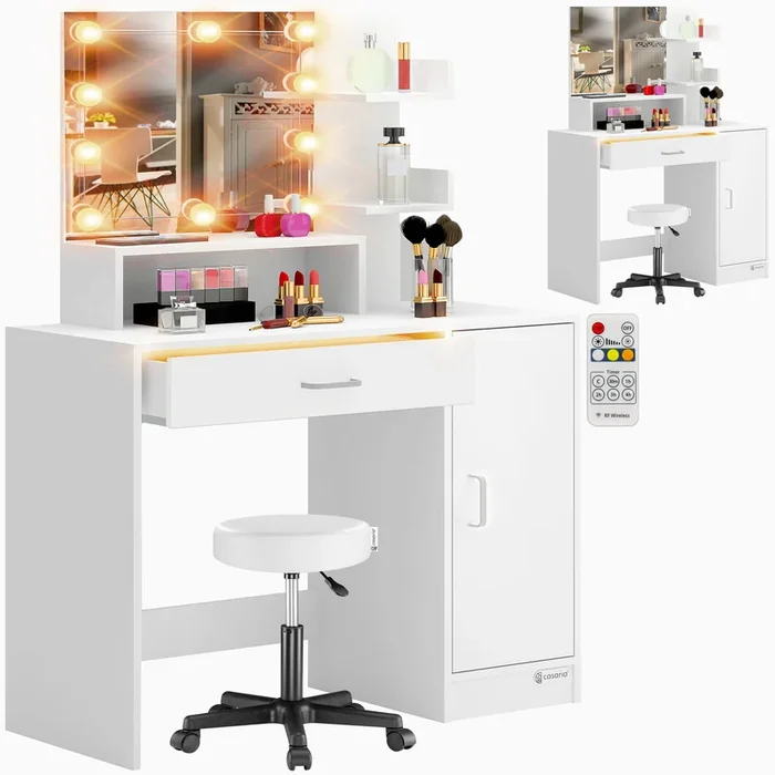 Tocador Jocelyn Blanco 140x90x40cm LED + taburete con ruedas