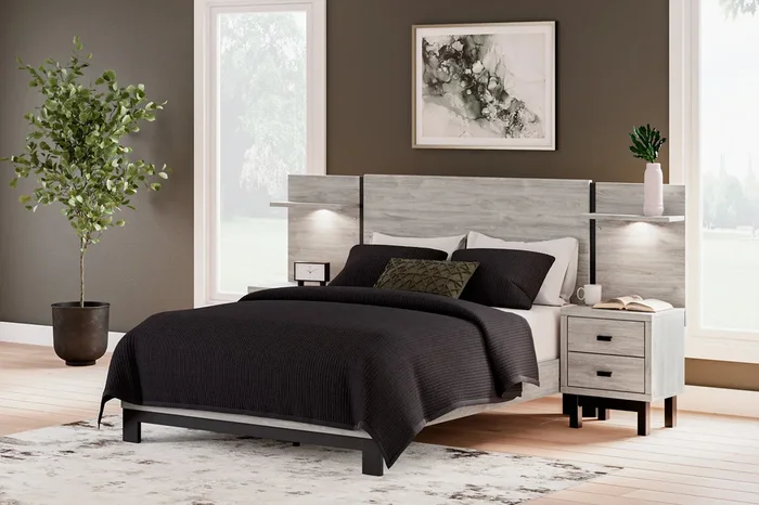 Vessalli Gray Queen Panel Bed with 2 Nightstand