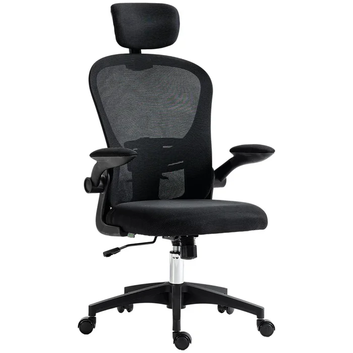 Vinsetto Silla de Malla Basculante Silla de Oficina Giratoria Silla de Escritorio con Respaldo Alto Reposacabezas Ajustable Soporte Lumbar 4D Brazo Abatible Altura Ajustable 62x64x112-120 cm Negro