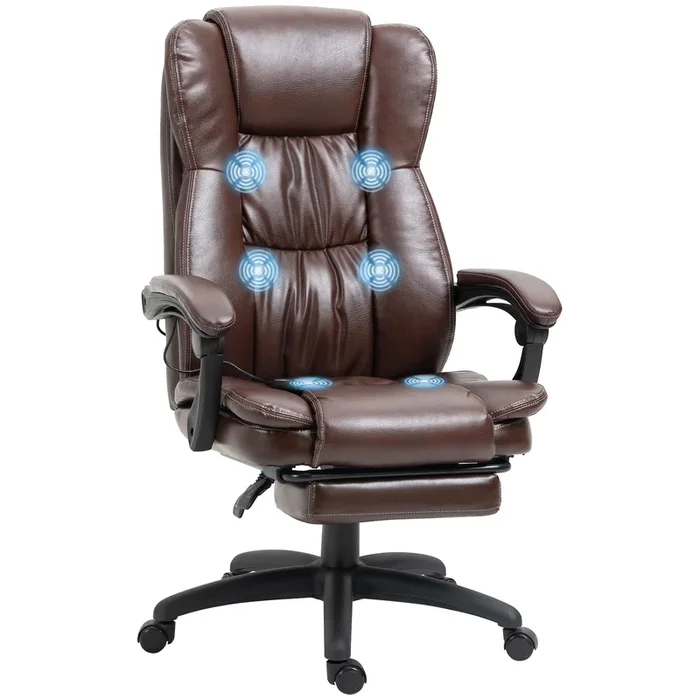 Vinsetto Silla de Oficina con 6 Puntos de Masaje, Silla de Escritorio Giratoria con Respaldo Reclinable 135º, Altura Ajustable, Reposapiés Retráctil y Control Remoto, Marrón