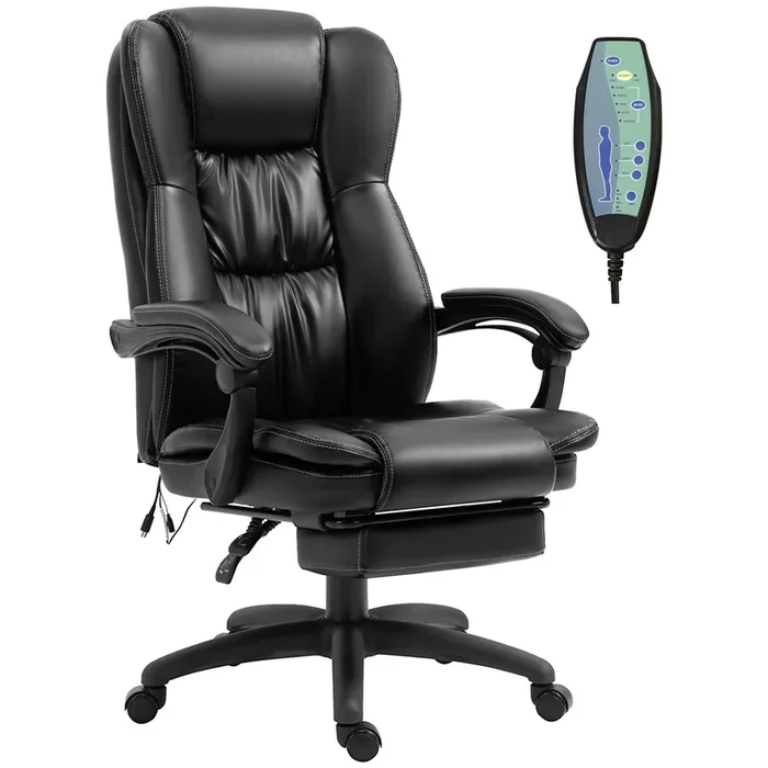 Vinsetto Silla de Oficina con 6 Puntos de Masaje, Silla de Escritorio Giratoria con Respaldo Reclinable 135º, Altura Ajustable, Reposapiés Retráctil y Control Remoto, Negro