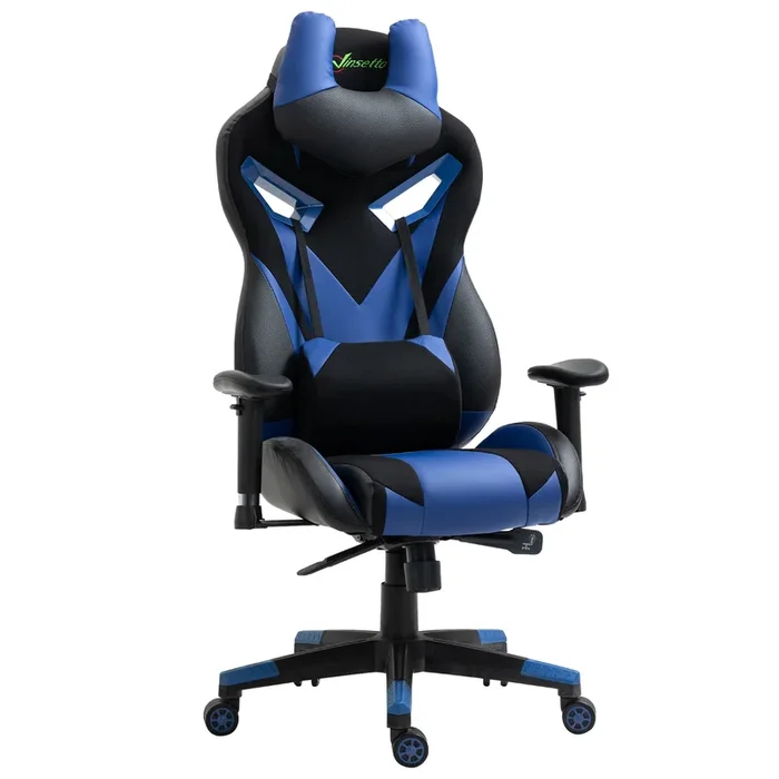 Vinsetto Silla Gaming Ergonómica Silla de Escritorio de Oficina Giratoria con Altura Ajustable Reclinable de 135° Reposabrazos Regulable Reposacabezas y Lumbar Extraíbles 70x71x125-133 cm Azul