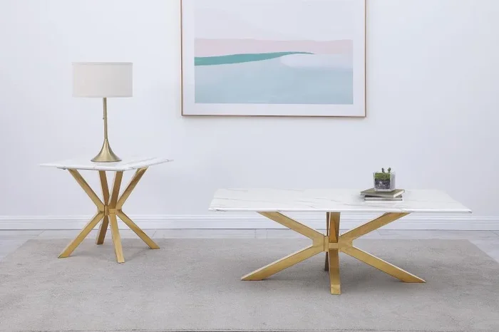Visalia White and Gold 2-Piece Faux Marble Coffee and End Table Set