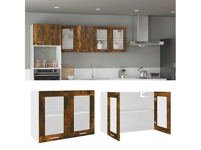 Vitrina colgante de cristal de madera de ingeniería de roble ahumado