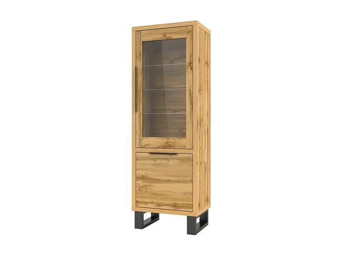 Vitrina color roble colección MILO. Acabados negros. Mueble ideal para tu comedor.