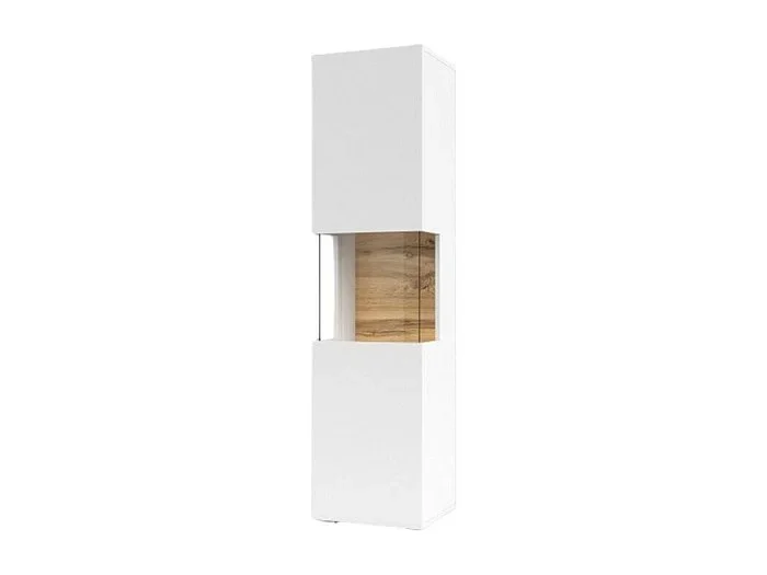 Vitrina de 1 puerta parcialmente acristalada colección EVA. Color blanco y roble.