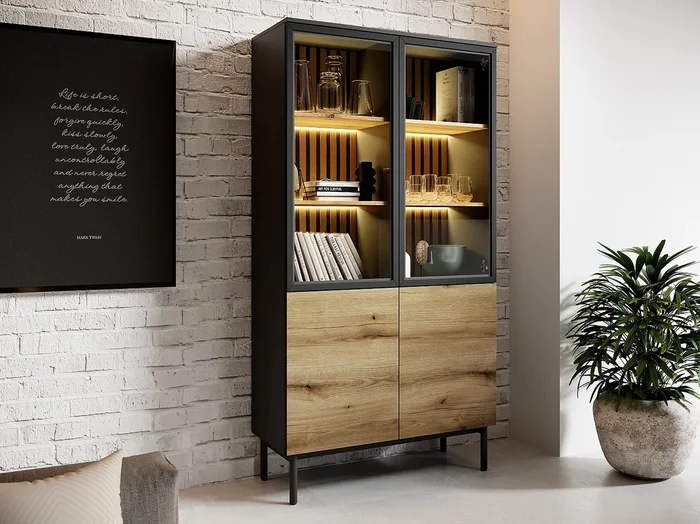 Vitrina de 3 puertas con LEDs – Natural y negro – LABENIA