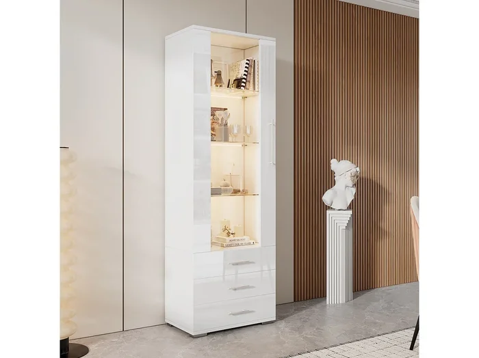 Vitrina de cristal brillante – 60 x 180 x 35 cm – con LED – Vitrina vertical con 3 cajones – MDF – Blanco